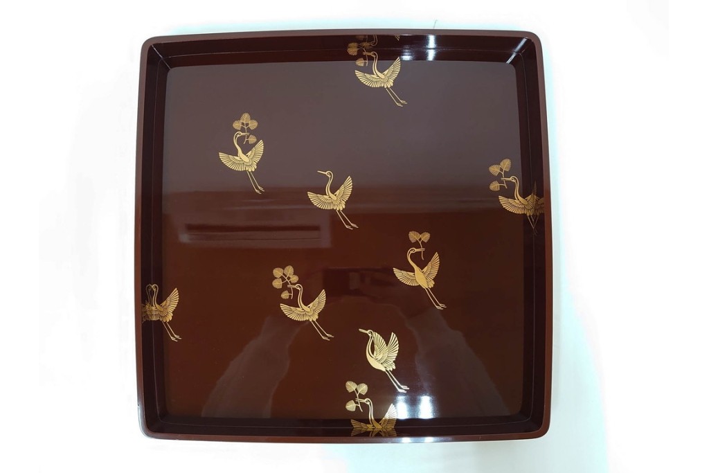 大正から昭和初期　輪島塗　在銘　松喰鶴文の蒔絵が上品な四方盆5点セット　(R-087399)