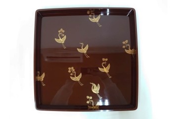 大正から昭和初期　輪島塗　在銘　松喰鶴文の蒔絵が上品な四方盆5点セット　(R-087399)