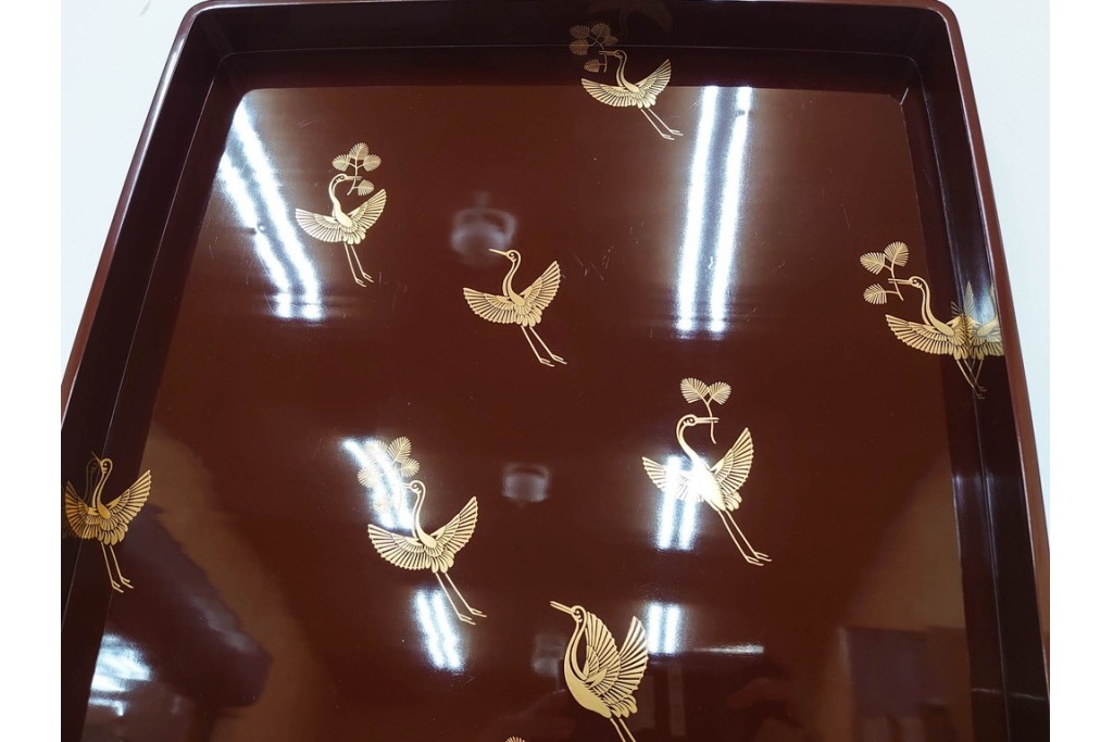 大正から昭和初期　輪島塗　在銘　松喰鶴文の蒔絵が上品な四方盆5点セット　(R-087399)