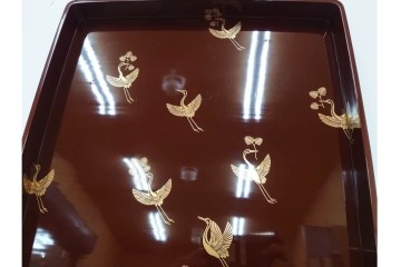 大正から昭和初期　輪島塗　在銘　松喰鶴文の蒔絵が上品な四方盆5点セット　(R-087399)