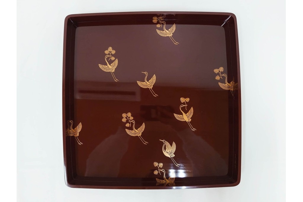 大正から昭和初期　輪島塗　在銘　松喰鶴文の蒔絵が上品な四方盆5点セット　(R-087399)