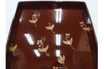 大正から昭和初期　輪島塗　在銘　松喰鶴文の蒔絵が上品な四方盆5点セット　(R-087399)