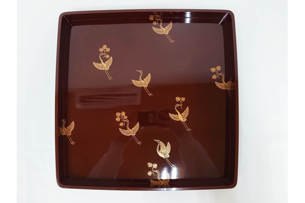 大正から昭和初期　輪島塗　在銘　松喰鶴文の蒔絵が上品な四方盆5点セット　(R-087399)