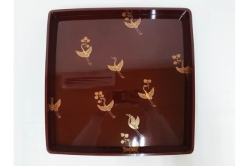 大正から昭和初期　輪島塗　在銘　松喰鶴文の蒔絵が上品な四方盆5点セット　(R-087399)