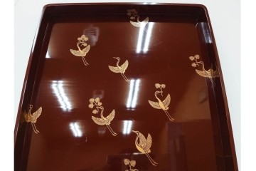 大正から昭和初期　輪島塗　在銘　松喰鶴文の蒔絵が上品な四方盆5点セット　(R-087399)