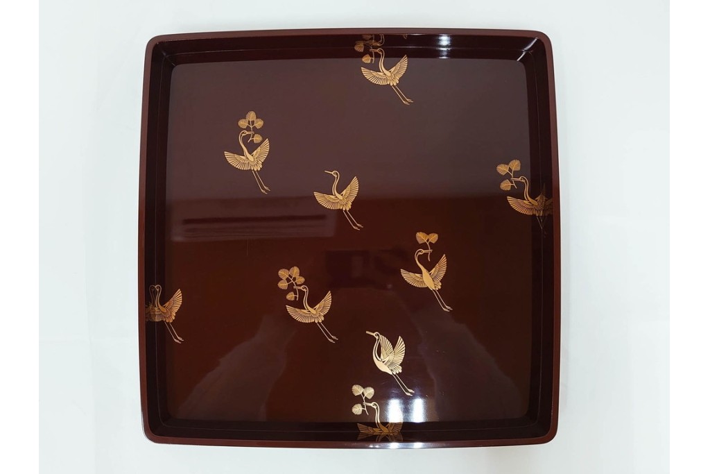 大正から昭和初期　輪島塗　在銘　松喰鶴文の蒔絵が上品な四方盆5点セット　(R-087399)