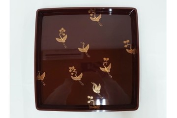 大正から昭和初期　輪島塗　在銘　松喰鶴文の蒔絵が上品な四方盆5点セット　(R-087399)