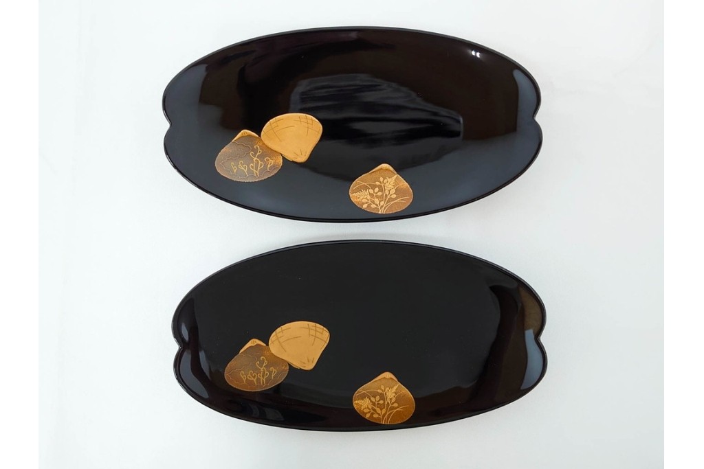 輪島塗　木製　蒔絵が美しい吸物椀(桂月堂)5点・銘々皿(寛山)5点セット　共箱付き　(R-087400)