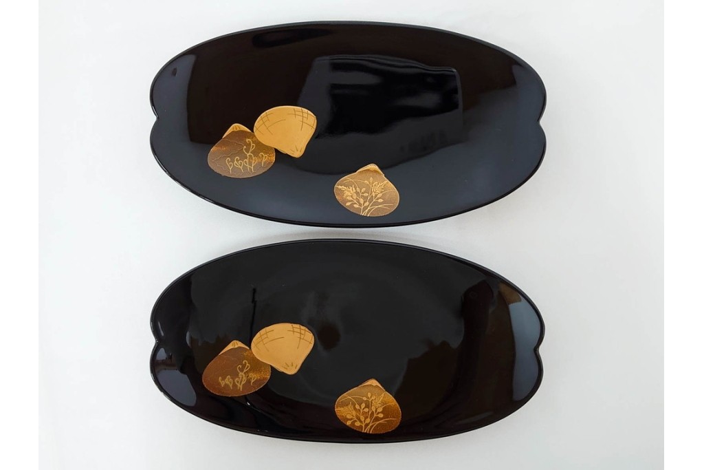 輪島塗　木製　蒔絵が美しい吸物椀(桂月堂)5点・銘々皿(寛山)5点セット　共箱付き　(R-087400)