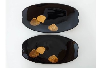 輪島塗　木製　蒔絵が美しい吸物椀(桂月堂)5点・銘々皿(寛山)5点セット　共箱付き　(R-087400)