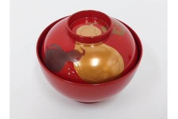 輪島塗　木製　蒔絵が美しい吸物椀(桂月堂)5点・銘々皿(寛山)5点セット　共箱付き　(R-087400)