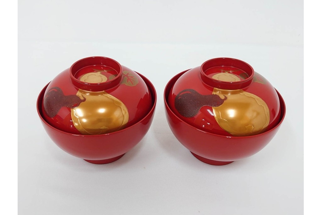 輪島塗　木製　蒔絵が美しい吸物椀(桂月堂)5点・銘々皿(寛山)5点セット　共箱付き　(R-087400)