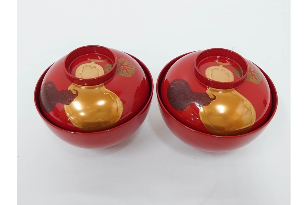 輪島塗　木製　蒔絵が美しい吸物椀(桂月堂)5点・銘々皿(寛山)5点セット　共箱付き　(R-087400)