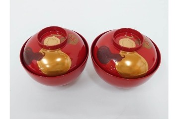 輪島塗　木製　蒔絵が美しい吸物椀(桂月堂)5点・銘々皿(寛山)5点セット　共箱付き　(R-087400)