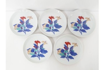今泉今右衛門　有田焼　5.1寸　錦白粉花絵の銘々皿5点セット　共箱付き　(R-087402)