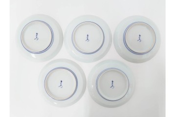 今泉今右衛門　有田焼　5.1寸　錦白粉花絵の銘々皿5点セット　共箱付き　(R-087402)