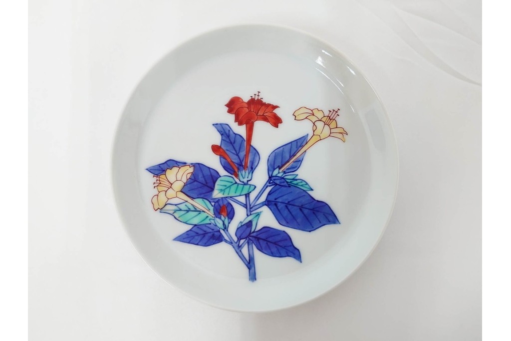 今泉今右衛門　有田焼　5.1寸　錦白粉花絵の銘々皿5点セット　共箱付き　(R-087402)