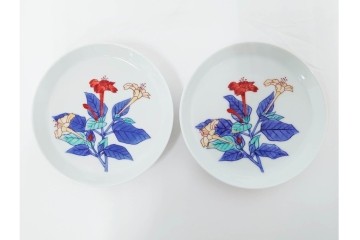 今泉今右衛門　有田焼　5.1寸　錦白粉花絵の銘々皿5点セット　共箱付き　(R-087402)