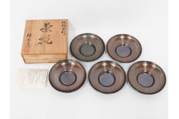 純銅手打の茶托5点/瑞正造　銅製鋲打の茶筒・鎚目模様の托子10点/玉川堂　計15点セット　共箱付き　(R-087403)