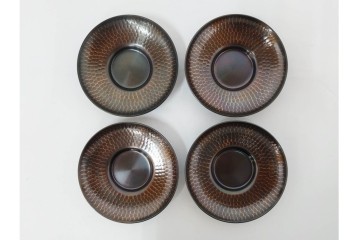 純銅手打の茶托5点/瑞正造　銅製鋲打の茶筒・鎚目模様の托子10点/玉川堂　計15点セット　共箱付き　(R-087403)
