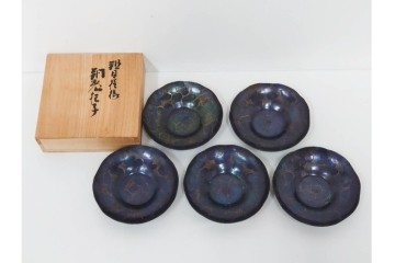 純銅手打の茶托5点/瑞正造　銅製鋲打の茶筒・鎚目模様の托子10点/玉川堂　計15点セット　共箱付き　(R-087403)