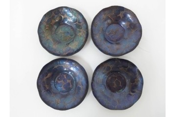 純銅手打の茶托5点/瑞正造　銅製鋲打の茶筒・鎚目模様の托子10点/玉川堂　計15点セット　共箱付き　(R-087403)