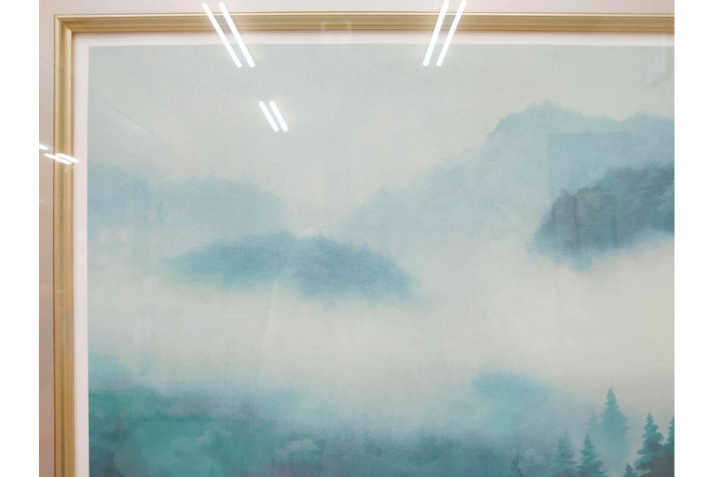 真作　新復刻画　東山魁夷　監修 東山すみ　HC/250　「青い谷」　霧に包まれた深い森と滝が美しいリトグラフ　外箱付き　(R-087404)