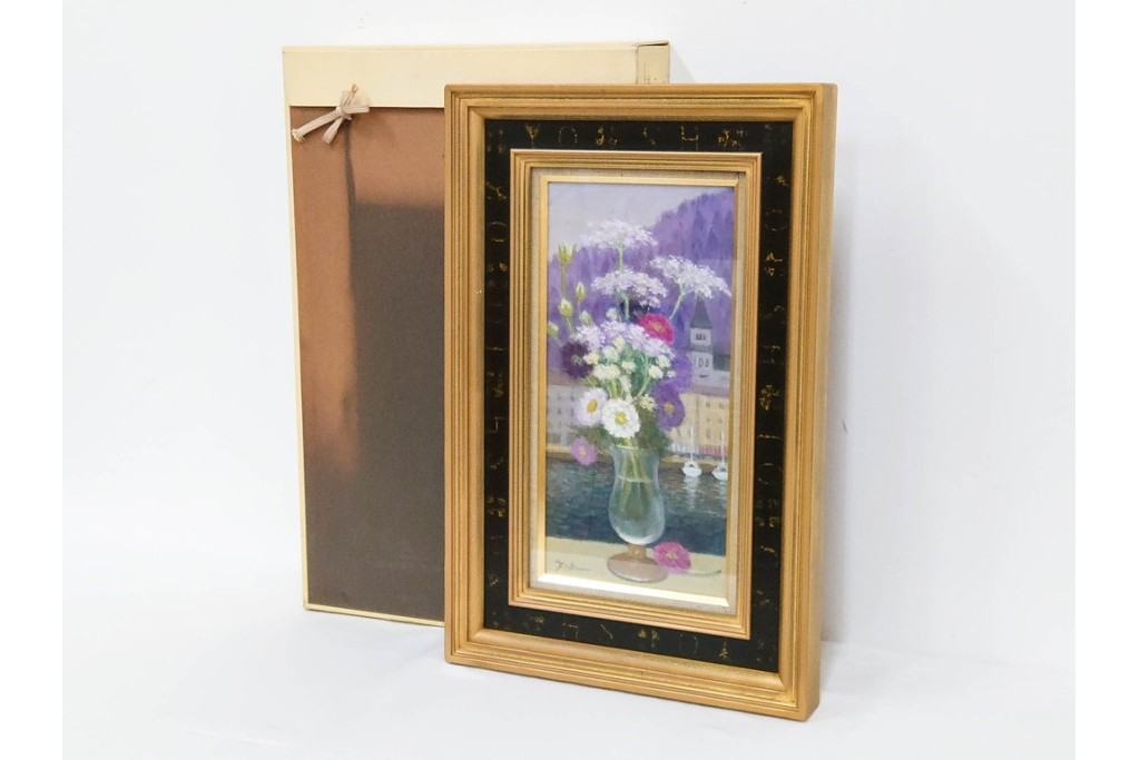 真作　奥西賀男　油彩　変6号　「花(III)」　水辺の花瓶を描いた絵画　外箱付き　(R-087407)
