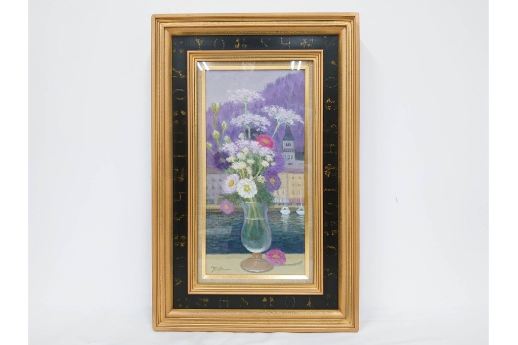 真作　奥西賀男　油彩　変6号　「花(III)」　水辺の花瓶を描いた絵画　外箱付き　(R-087407)