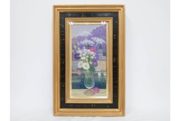 真作　奥西賀男　油彩　変6号　「花(III)」　水辺の花瓶を描いた絵画　外箱付き　(R-087407)
