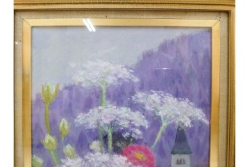 真作　奥西賀男　油彩　変6号　「花(III)」　水辺の花瓶を描いた絵画　外箱付き　(R-087407)
