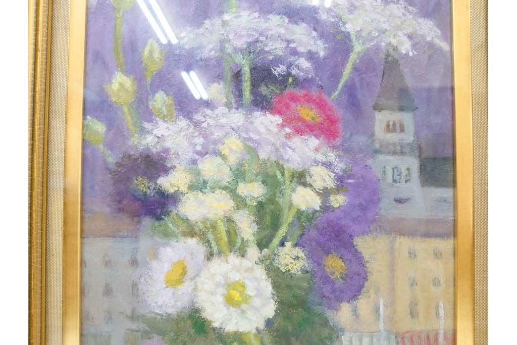 真作　奥西賀男　油彩　変6号　「花(III)」　水辺の花瓶を描いた絵画　外箱付き　(R-087407)