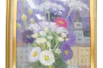 真作　奥西賀男　油彩　変6号　「花(III)」　水辺の花瓶を描いた絵画　外箱付き　(R-087407)