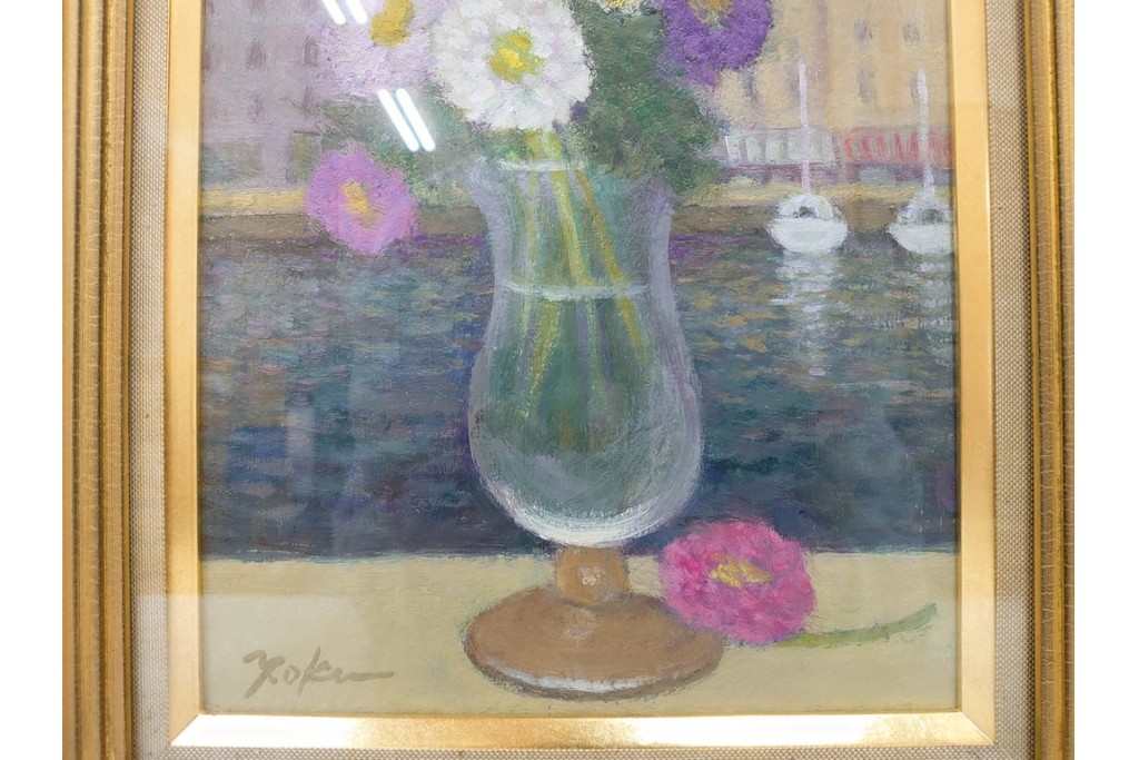 真作　奥西賀男　油彩　変6号　「花(III)」　水辺の花瓶を描いた絵画　外箱付き　(R-087407)