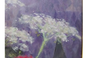 真作　奥西賀男　油彩　変6号　「花(III)」　水辺の花瓶を描いた絵画　外箱付き　(R-087407)
