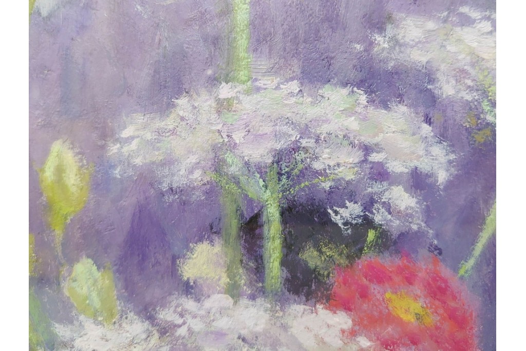 真作　奥西賀男　油彩　変6号　「花(III)」　水辺の花瓶を描いた絵画　外箱付き　(R-087407)