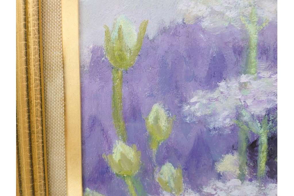 真作　奥西賀男　油彩　変6号　「花(III)」　水辺の花瓶を描いた絵画　外箱付き　(R-087407)