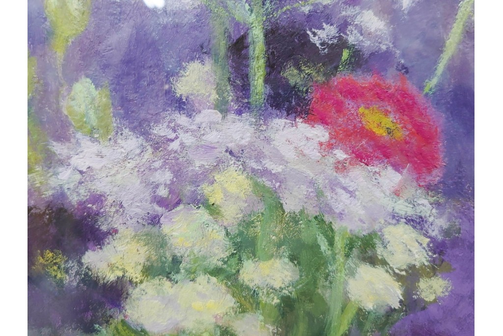 真作　奥西賀男　油彩　変6号　「花(III)」　水辺の花瓶を描いた絵画　外箱付き　(R-087407)