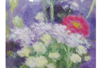 真作　奥西賀男　油彩　変6号　「花(III)」　水辺の花瓶を描いた絵画　外箱付き　(R-087407)