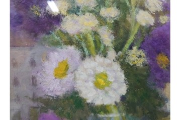 真作　奥西賀男　油彩　変6号　「花(III)」　水辺の花瓶を描いた絵画　外箱付き　(R-087407)