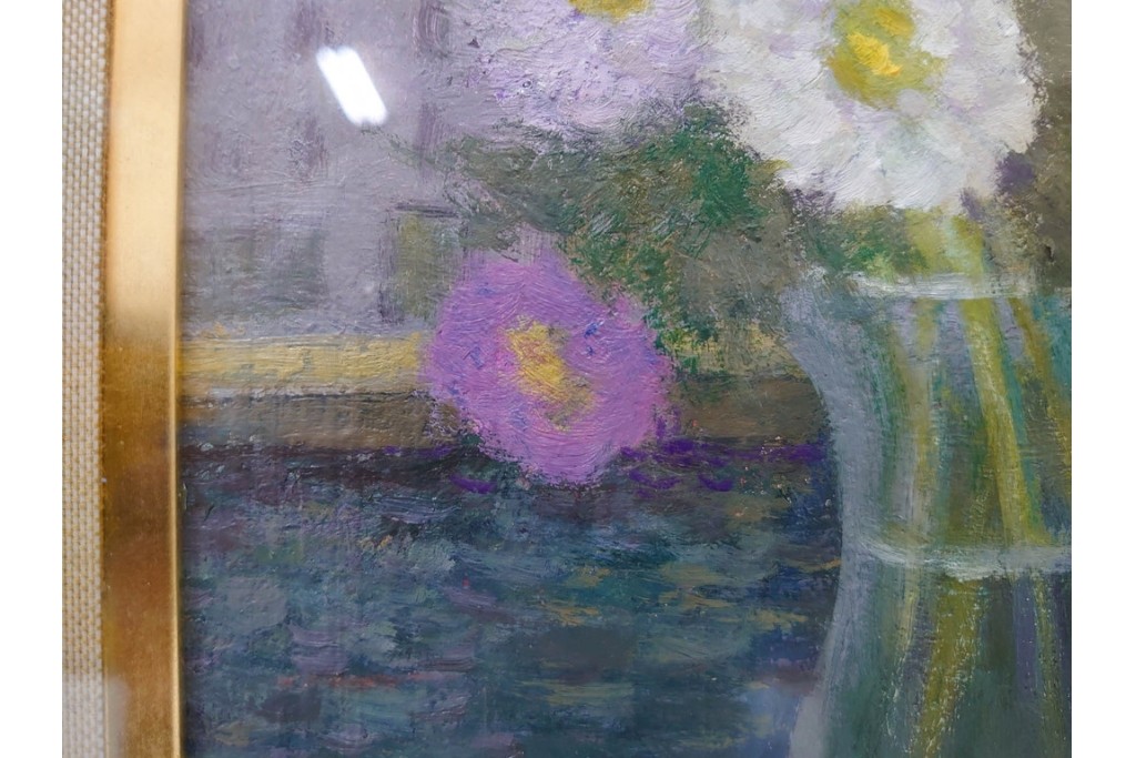 真作　奥西賀男　油彩　変6号　「花(III)」　水辺の花瓶を描いた絵画　外箱付き　(R-087407)