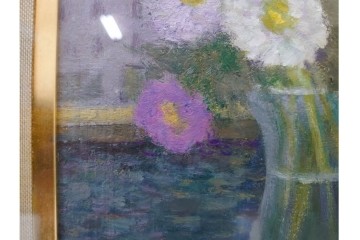 真作　奥西賀男　油彩　変6号　「花(III)」　水辺の花瓶を描いた絵画　外箱付き　(R-087407)