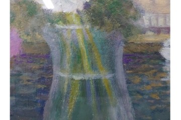 真作　奥西賀男　油彩　変6号　「花(III)」　水辺の花瓶を描いた絵画　外箱付き　(R-087407)