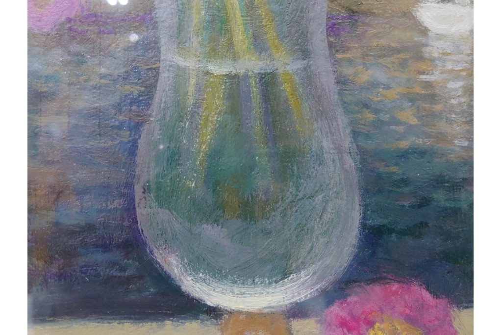 真作　奥西賀男　油彩　変6号　「花(III)」　水辺の花瓶を描いた絵画　外箱付き　(R-087407)