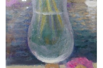 真作　奥西賀男　油彩　変6号　「花(III)」　水辺の花瓶を描いた絵画　外箱付き　(R-087407)