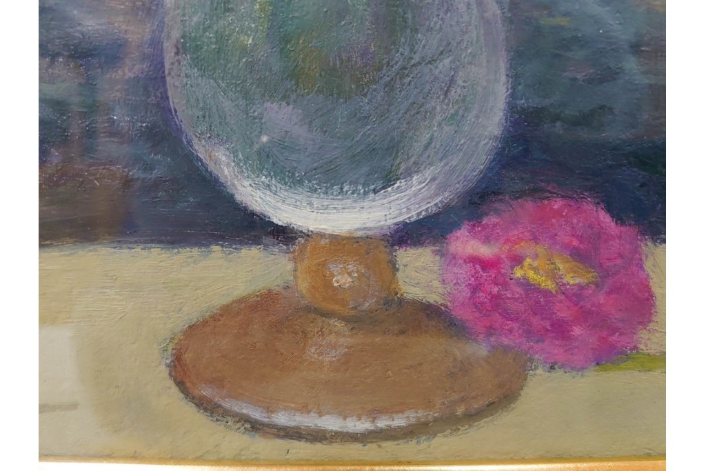 真作　奥西賀男　油彩　変6号　「花(III)」　水辺の花瓶を描いた絵画　外箱付き　(R-087407)