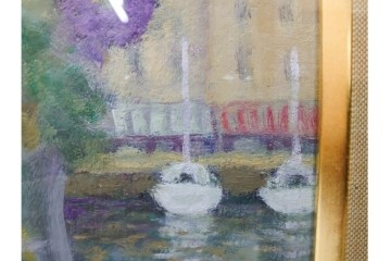 真作　奥西賀男　油彩　変6号　「花(III)」　水辺の花瓶を描いた絵画　外箱付き　(R-087407)