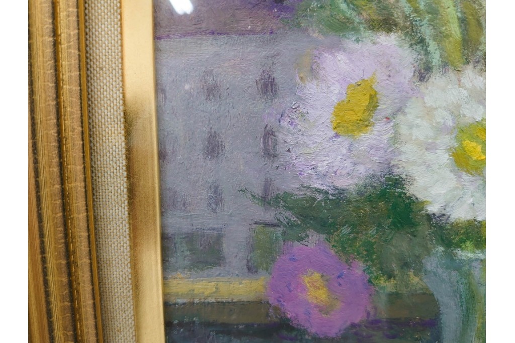 真作　奥西賀男　油彩　変6号　「花(III)」　水辺の花瓶を描いた絵画　外箱付き　(R-087407)