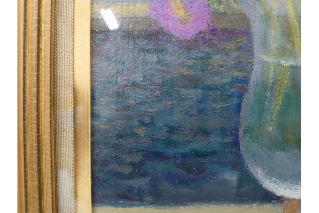 真作　奥西賀男　油彩　変6号　「花(III)」　水辺の花瓶を描いた絵画　外箱付き　(R-087407)