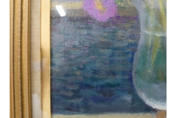 真作　奥西賀男　油彩　変6号　「花(III)」　水辺の花瓶を描いた絵画　外箱付き　(R-087407)